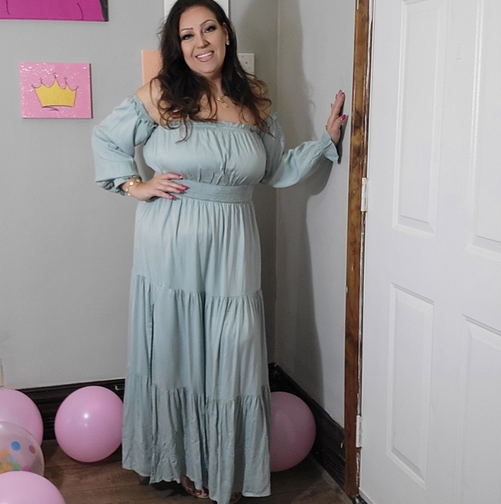 Elegant Off-Shoulder Maxi Dress in  Sage Green